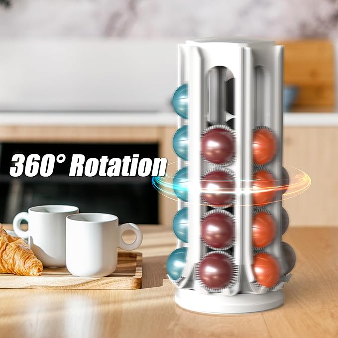Deco Brothers VertuoLine Pod Holder, 360° Turntable Rotating Pod Carousel Organizer Compatible for Nespresso Pods, White