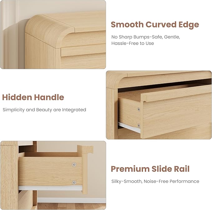 GarveeHome Arched 5 Drawer Dresser for Bedroom, 45in Tall Wooden 5 Chest of Drawers with Curved Profile Design, Modern Closet Storage Organizer for Living Room, Entryway, Nursery - Natural Oak