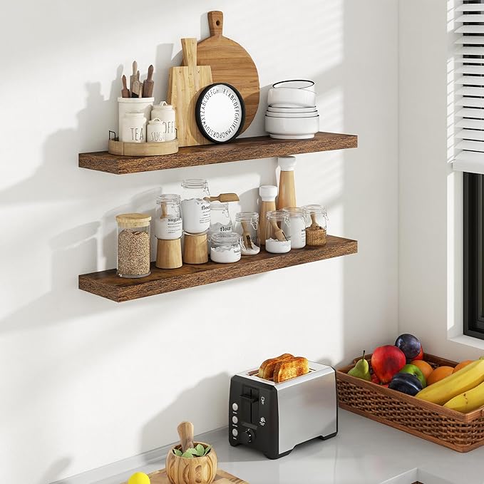 Acovy 36 Inch Floating Shelves, 8 Inch Deep Floating Shelves for Wall, Hanging Shelf with Invisible Brackets, Deep Shelves for Bathroom, Bedroom, Living Room, Brown, Set of 2