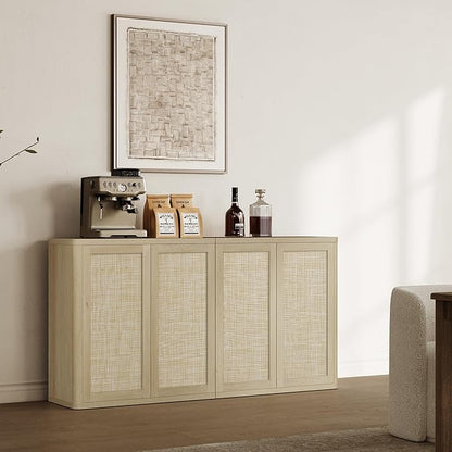SICOTAS Rattan Buffet Sideboard Storage Cabinet - 64" Modular Boho Farmhouse Credenza Stand with Adjustable Shelves, Large Coffee Bar Console Cabinet for Living Room, Kitchen, Entryway (2 PCS)
