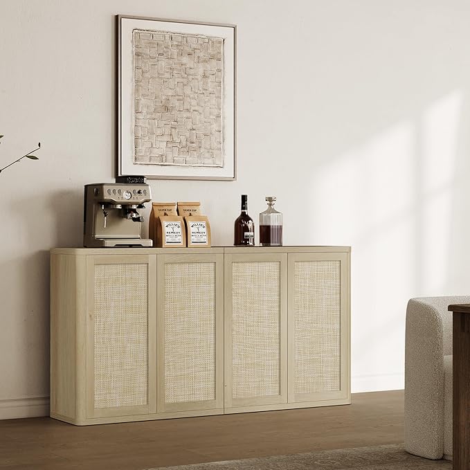 SICOTAS Rattan Buffet Sideboard - 95" Boho Farmhouse Coffee Bar Console Cabinet, Modular Credenza Stand with Storage & Adjustable Shelves for Living Room, Kitchen, Entryway, 3 PCS