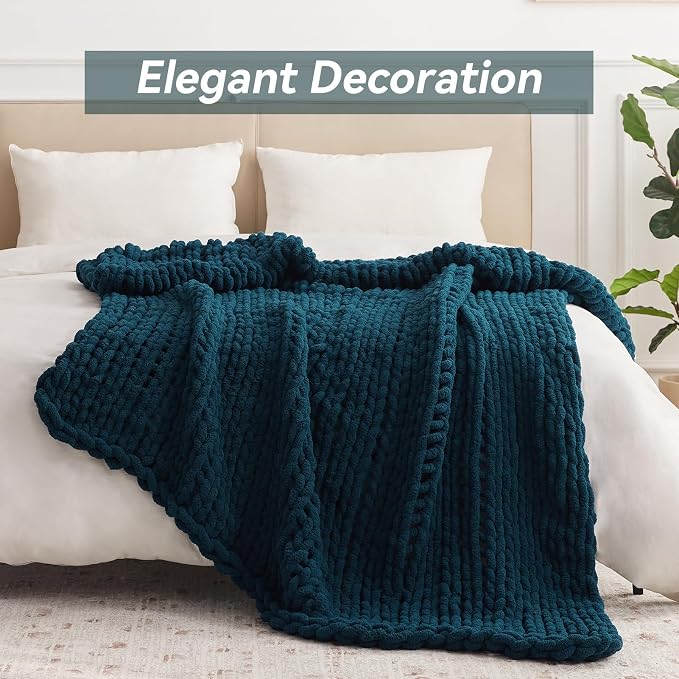 Negwoo Chunky Knit Throw Blanket, 80''*90'' Knitted Throw Chenille Yarn for Bed Couch, Handmade Peacock Blue Crochet Big Thick Blanket, Machine Washable Cute Comfy Blanket for Home Decor