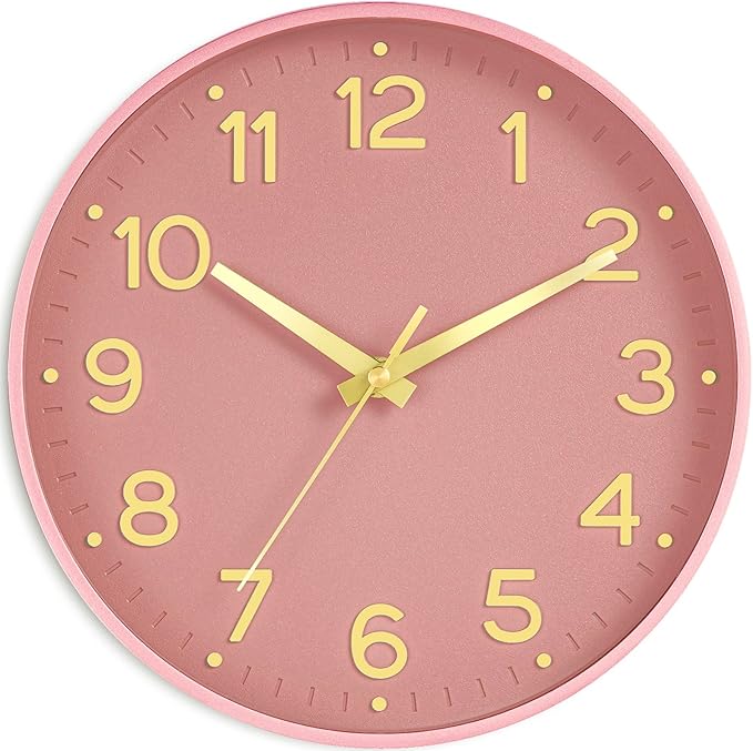 Roymnie Silent Wall Clocks Battery Operated 10 Inch-Modern Non Ticking Analog Clock Decorative for Kitchen Office Bathroom Bedroom(Pink Gold)