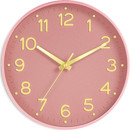 Roymnie Silent Wall Clocks Battery Operated 10 Inch-Modern Non Ticking Analog Clock Decorative for Kitchen Office Bathroom Bedroom(Pink Gold)