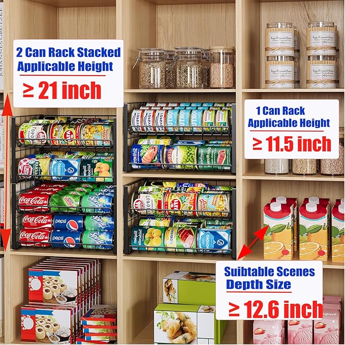JKsmart 2-Tier Stackable Can Rack Organizer for Pantry, Adjustable Can Dispenser Holds Up to 60 Cans, Can Storage Holder for Various Ounces of Canned Food Soda Drinks, Black, 2 Pack