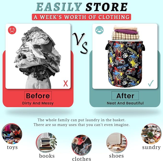 Funny Cars Printed Laundry Basket Foldable With Handles Tote Bag Oxford Cloth Colorful Laundry Hamper Clothes Storage Bucket Toy Organizer 18.9"x16.5"For Bathroom/Laundry/Bedroom