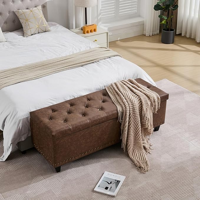 Tbfit 50.8“ Large Ottoman Storage Bench for Bedroom, Oversized Tufted Upholstered Entryway Benches End of Bed, Rectangle Dorm Foot Stool with Safety Hinge & Solid Wood Legs, Loads 660 lb, Brown
