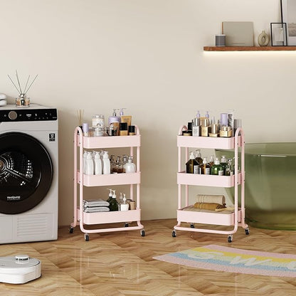 MIOCASA 3-Tier Metal Utility Rolling Cart, Heavy Duty Multifunction Cart with Lockable Casters, Easy to Assemble, Suitable for Office, Bathroom, Kitchen, Garden
