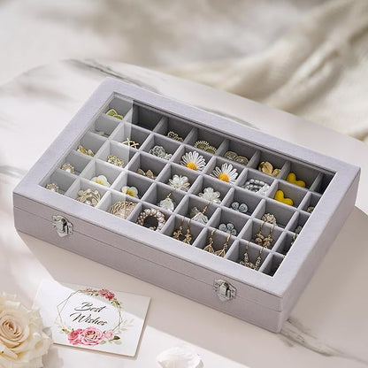 48 Grid Earring Organizer and Storage: Velvet Jewelry Tray with Lid, Jewelry Box for Studs, Earrings, Rings, Necklaces, Dresser & Vanity, Earrings Case Organizer for Girls, Women, 13"x8.6"x2.4", Grey
