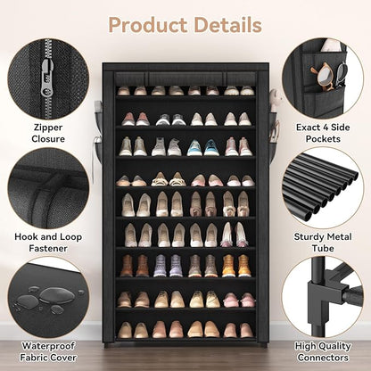 LANTEFUL Shoe Rack with Covers - 10 Tiers Tall Shoe Rack Organizer Large Capacity Shoe Shelf Storage 40 Pairs Space Saving Vertical Shoe Storage Organizer for Closet, Entryway, Dorm, Bedroom