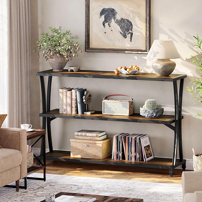 Tribesigns Industrial 3-Tier Console Table, Rustic Narrow Entryway Sofa Table with Storage Shelves for Living Room, Hallway, Foyer
