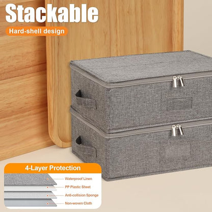 Kukikan Coffee Mug Storage Box 2 Pack with Dividers, China Storage Containers Organizer Moving Supplies, Hard Shell & Stackable for Coffee Mugs, Tea Cups w/Sturdy Lid & Handles, 24 Compartments, Grey