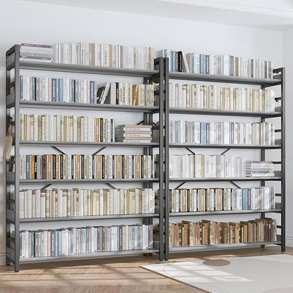 HCHQHS Bookshelf, Adjustable Industrial Bookcase, Vertical Tall Book Shelf, Wood and Black Metal Open Bookshelves for Home Office, Living Room, Bedroom (Grey, 6-Tier (47" W x 70" H))