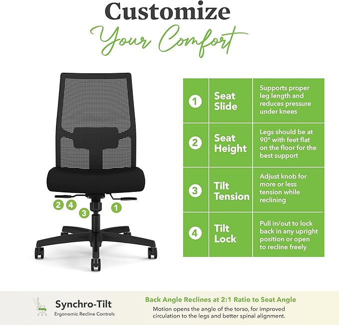 HON Ignition 2.0 Armless Office Chair, Ergonomic Adjustable Tilt, Swivel Wheels, Comfy for Long Hours, Home Office Desk Chairs, Black