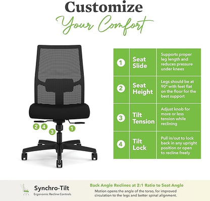 HON Ignition 2.0 Armless Office Chair, Ergonomic Adjustable Tilt, Swivel Wheels, Comfy for Long Hours, Home Office Desk Chairs, Black