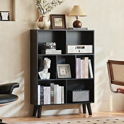 LEYAOYAO 7 Cube Black Bookshelf, 3 Tier Modern Bookcase with Legs, Wood Cubeicals Organizer Storage Open Shelves, Retro Display Book Shelf, Freestanding Short Book case for Bedroom,Living Room,Office