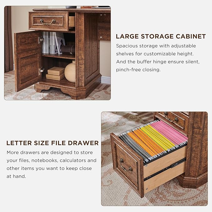 T4TREAM 59" Executive L Shaped Desk with Hutch,Victorian Wood Computer Desk, Featuring Charging Station,File Drawer, Storage Cabinet,for Home Office Work and Study (Reclaimed Barnwood)