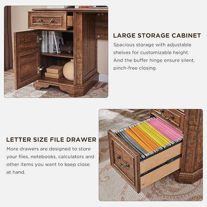 T4TREAM 59" Executive L Shaped Desk with Hutch,Victorian Wood Computer Desk, Featuring Charging Station,File Drawer, Storage Cabinet,for Home Office Work and Study (Reclaimed Barnwood)