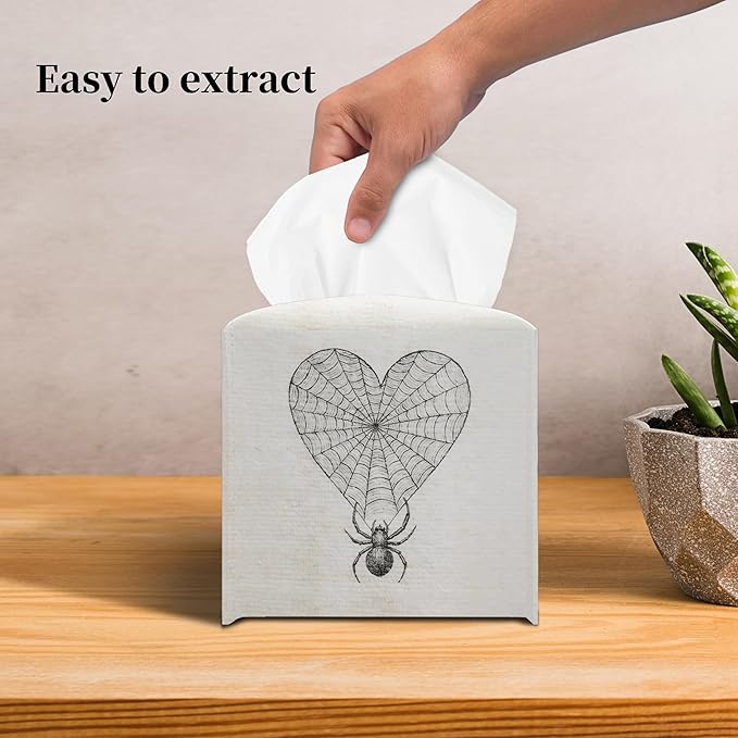 Grace Yonks Gothic Tissue Box Cover Square - Heart Web with Spider Design 5.2" PU Leather Holder for Vanity, Desk, or Bathroom Counter - Cube Case for Facial Tissues. (119)