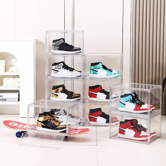 BVBOX 12 Pack Acrylic Shoe Storage Boxes with Magnetic Door - 360° Clear Stackable Shoe Display Box Set, Plastic Shoe Cabinet Rack Box for Sneakers Heels Shoes (12, Clear, XL - Side Open)