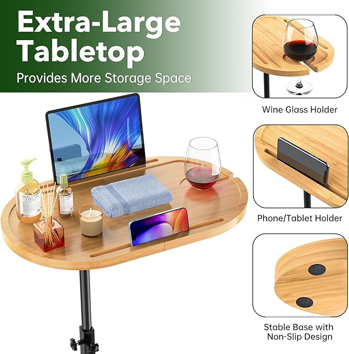 NiHome Bamboo Large Swivel TV Tray Table with Thickened Stable Non-Tipping Base, Adjustable Height Couch Table Tray, End Table, Bathtub Side Tray Table 360° Rotating for Hot Tub Bedside Sofa Balcony