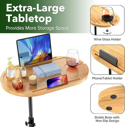 NiHome Bamboo Large Swivel TV Tray Table with Thickened Stable Non-Tipping Base, Adjustable Height Couch Table Tray, End Table, Bathtub Side Tray Table 360° Rotating for Hot Tub Bedside Sofa Balcony