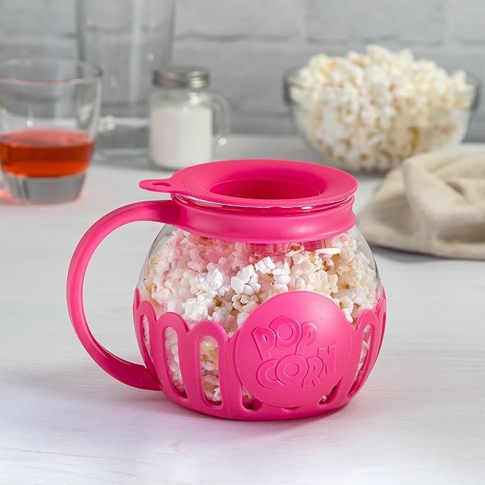 Ecolution Patented Micro-Pop Microwave Popcorn Popper with Temperature Safe Glass, 3-in-1 Lid Measures Kernels and Melts Butter, Made Without BPA, Dishwasher Safe, 1.5-Quart, Pink