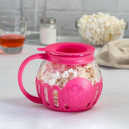 Ecolution Patented Micro-Pop Microwave Popcorn Popper with Temperature Safe Glass, 3-in-1 Lid Measures Kernels and Melts Butter, Made Without BPA, Dishwasher Safe, 1.5-Quart, Pink