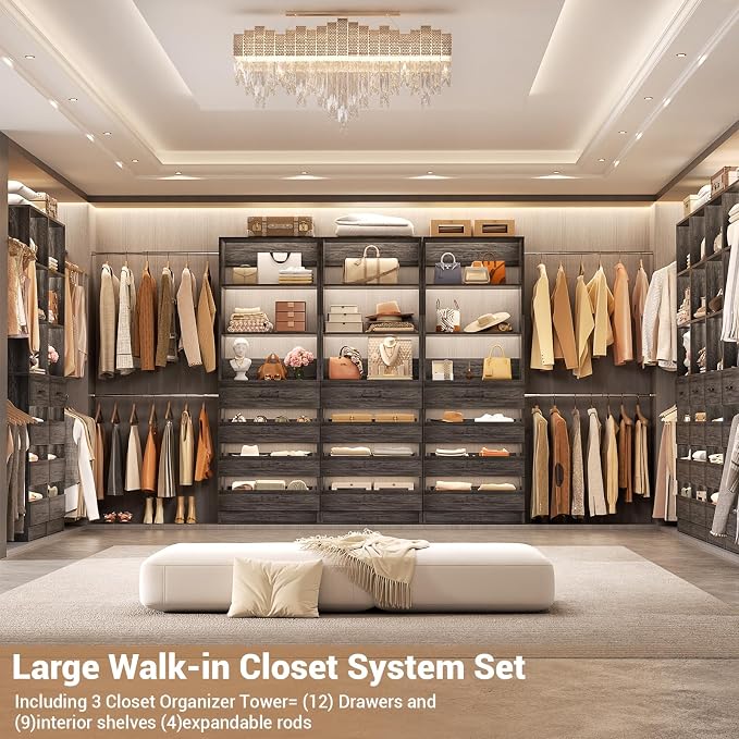 Aheaplus Closet System with 12 Drawers, 8.5-11.5Ft Wood Closet Organizer System with 4 Hang Rods & 3 Towers, 4Ft & 6Ft L-Shaped Walk-in Closets Wardrobe Organizer Clothes Rack, Set of 3, Black Oak1