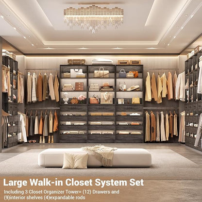 Aheaplus Closet System with 12 Drawers, 8.5-11.5Ft Wood Closet Organizer System with 4 Hang Rods & 3 Towers, 4Ft & 6Ft L-Shaped Walk-in Closets Wardrobe Organizer Clothes Rack, Set of 3, Black Oak1
