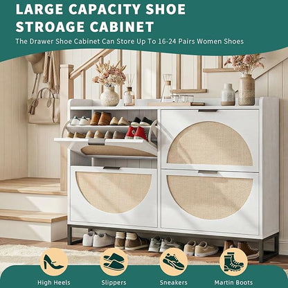 Shoe Storage Cabinet for Entryway Wooden Rattan Shoe Cabinet with 4 Flip Drawers Long Hidden Shoes Cabinet Storage with Metal Legs Narrow Shoe Rack Cabinet Shoes Organizer Cabinet for Hallway White