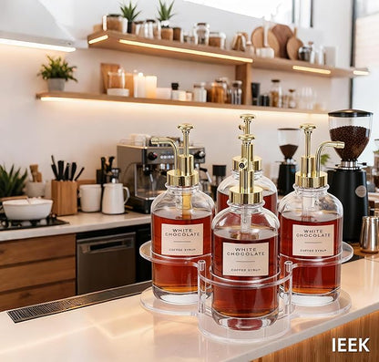 IEEK Rotating Coffee Syrup Organizer,Syrup Bottle Holder for Syrup Dispenser 16.9oz,Clear Acrylic Coffee Syrup Rack for Coffee Bar Station Countertop,Coffee Syrup Turntable Tray
