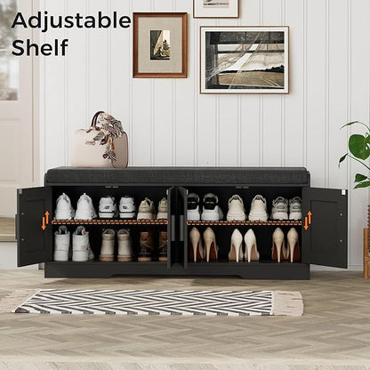 Homleke 2-Tier Storage Bench, Shoe Bench with Thickened Padded Seat Cushion, Entryway Bench with 4 Doors, Adjustable Shelf, 13.8" D x 45.3" W x 18.5" H, for Entryway, Living Room, Bedroom, Black