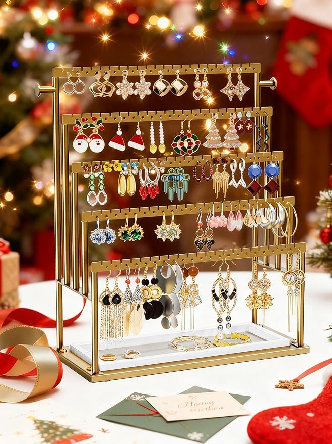 Earring Holder Organizer Gold, 5-Tier Jewelry Display Stand with Elegant Gold Metal Frame and Wooden Tray, Large Earring Holder for Studs, Hoops, Dangles, Decorative Jewelry Organizer for Women