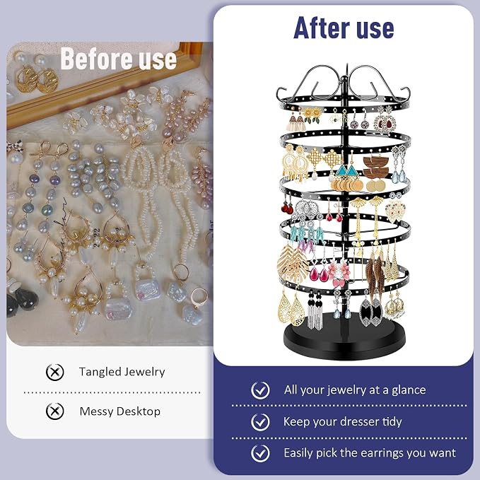 5 Tier 360 Rotating Earring Holder Organizer Stand, Jewelry Tree Rack, 220 Holes Display Storage for Stud Hoop Earrings, Vintage Metal Design, Space Saving Table Decor