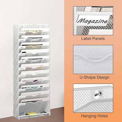 13 Tier Hanging Wall File Holder, Metal A4 Wall Mounted Document Holder, Vertical Hanging Mail Organizer, Magazine Storage Rack with Tray for Office Home Classroom, White