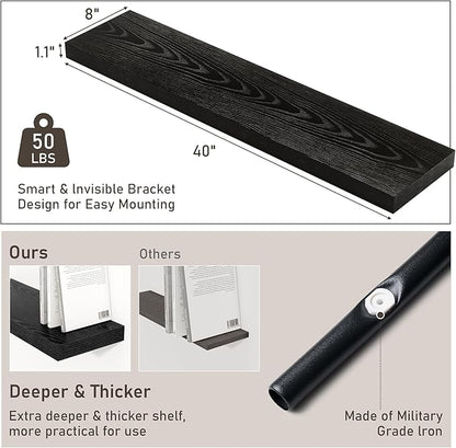 Fun Memories 40" Floating Shelves for Wall, 8 Inch Deep Floating Shelf for Books, Deep Bathroom Shelves Wall Mounted, Rustic Display Shelf for Kitchen, Bedroom, Living Room, Black Color, 2 Pack