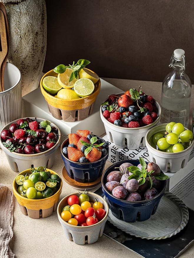 Gomakren Ceramic Berry Basket Set of 2, Round Fruit Bowl with Holes, Fruit Storage Containers for Kitchen Fridge, Cute Strawberry Basket for Berries, Grape, Cherry, Gray