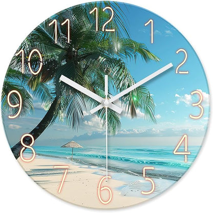 XFM Beach Wall Clock Silent Non-Ticking Battery Operated Clocks 14 Inch Blue Ocean Tropical Palm Tree Wall Clock Decorative for Living Room Kitchen Bedroom Office