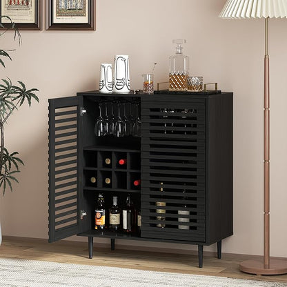 Mid Century Bar Cabinet with Wine Racks, Modern Liquor Cabinet with Slatted Doors for Dining Room, Living Room (Black)
