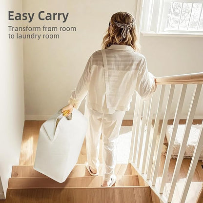 STORAGE MANIAC 3-Pack Large Laundry Hamper, 80L (21.1 Gal) Collapsible Laundry Basket with Bamboo Handles, Freestanding Waterproof Clothes Hamper for Laundry Room, Bedroom, Dorm, Towels, Beige