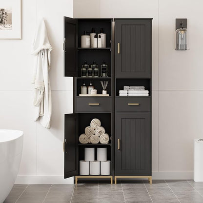 Homhedy 67" H Bathroom Storage Cabinet, Tall Storage Cabinet with Adjustable Shelves, Freestanding Cabinet with Doors and Drawer, Narrow Cabinet for Bathroom, Living Room, Kitchen, Dining Room, Black