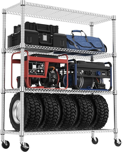M MZG 1400LBS 47.2" W 4 Tiers Storage Shelves Metal Shelving Unit with Wheels Heavy Duty Garage Shelving Adjustable Wire Shelves for Pantry,Kitchen,Garage,Basement,Chrome 17.7" D x 47.2" W x 62.6" H