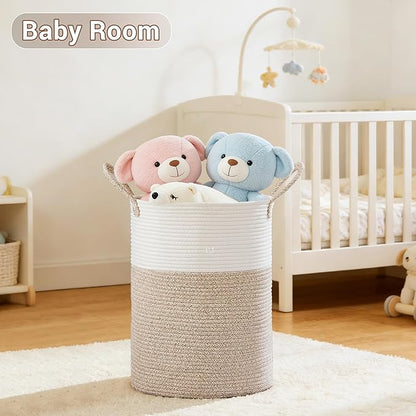 SunNewt Tall Laundry Basket with Handles, 58L Portable Dirty Clothes Hamper, Boho Cotton Rope Storage Bin for Blankets Kids Toys Gifts, Decorative Organizer for Baby Nursery Bedroom Bathroom, Brown