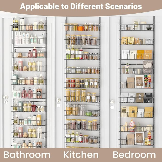 ElegantArray 10-Tier Pantry Door Oragnizer, Over The Door Pantry Organizer Rack and Storage, Hanging Spice Rack Shelves Door, Home Office Laundry Room Bathroom & Kitchen Organization, Light Gray
