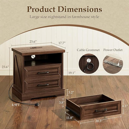 AODK 24 Inch Farmhouse Nightstand with Charging Station, Wood Bedside Table with 2 Drawers, Rustic Wood End Table with Outlet and USB for Bedroom, Dark Walnut