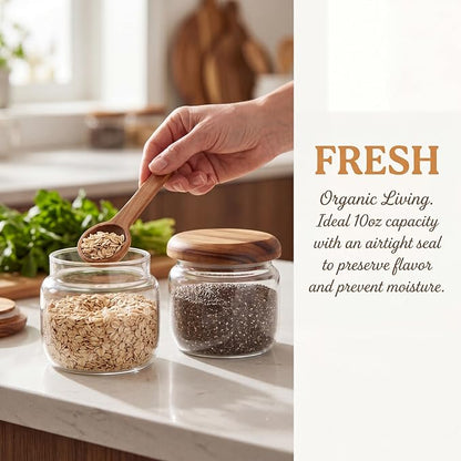 2-Pack 10 fl oz Wide Mouth Mason Jars with Spoon & Labels, Acacia Wood Lids & Press Seal, No Plastic, for Pantry, Coffee, Yogurt, Candy, Spice Storage.