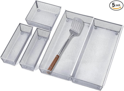 Neudeco Silverware Drawer Organizer, Pack 5, Silver | Utensil Organizer, For Large Utensils, Interlocking Arm, Cutlery Tray for Knives Fork Spoon