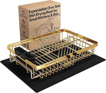 MAJALiS Gold Dish Drying Rack Over The Sink with Utensil Holder, Mat | Expandable Stainless Steel Dish Drainer for Small Kitchen, Apartment, RV, Counter Space Saving, Perfect Fit, Rustproof