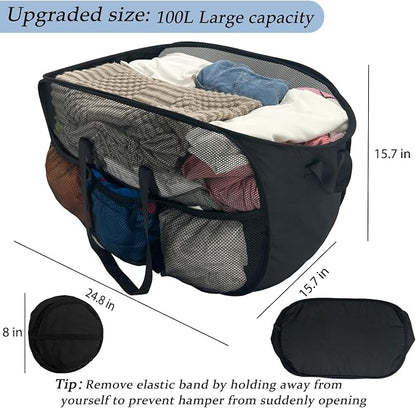 Upgraded Cationic XL Collapsible Laundry Baskets, 100L Extra Large Mesh Pop Up Hamper with Handles and bag, Portable Stair Basket, Dirty Clothes Hamper for Cruise Travel Bedroom. Black